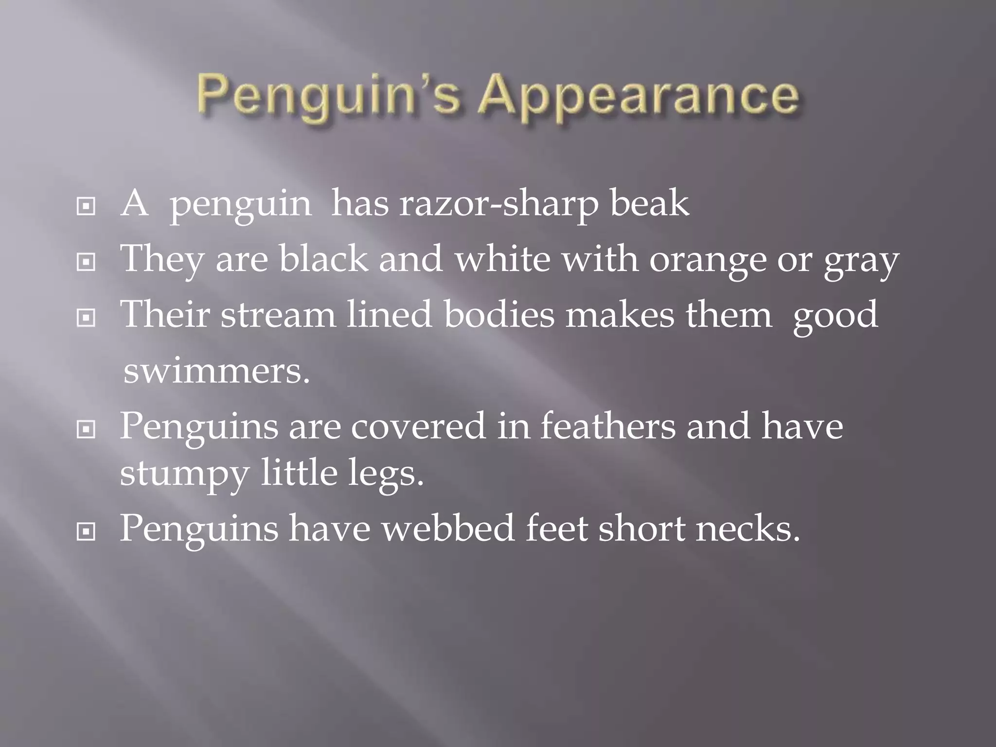  A penguin has razor-sharp beak
 They are black and white with orange or gray
 Their stream lined bodies makes them good
swimmers.
 Penguins are covered in feathers and have
stumpy little legs.
 Penguins have webbed feet short necks.
 