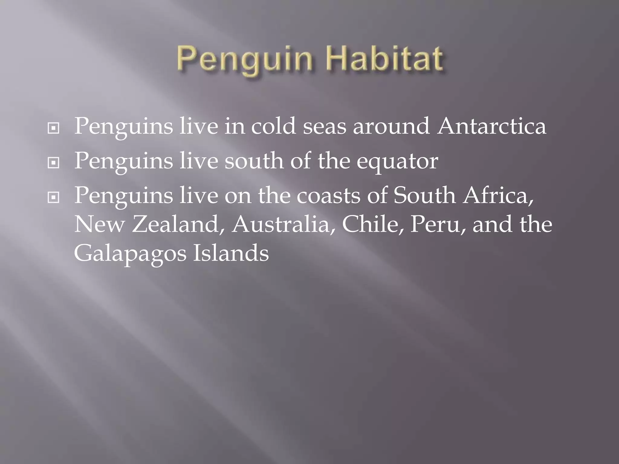  Penguins live in cold seas around Antarctica
 Penguins live south of the equator
 Penguins live on the coasts of South Africa,
New Zealand, Australia, Chile, Peru, and the
Galapagos Islands
 