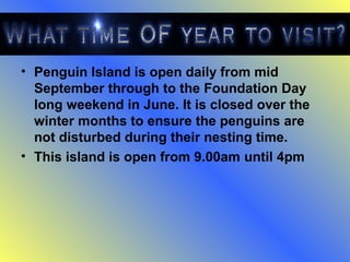 • Penguin Island is open daily from mid
  September through to the Foundation Day
  long weekend in June. It is closed over the
  winter months to ensure the penguins are
  not disturbed during their nesting time.
• This island is open from 9.00am until 4pm
 