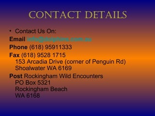 ContaCt Details
• Contact Us On:
Email info@dolphins.com.au
Phone (618) 95911333
Fax (618) 9528 1715
  153 Arcadia Drive (corner of Penguin Rd)
  Shoalwater WA 6169
Post Rockingham Wild Encounters
  PO Box 5321
  Rockingham Beach
  WA 6168
 
