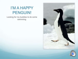I’M A HAPPY
PENGUIN!
Looking for my buddies to do some
swimming.

 