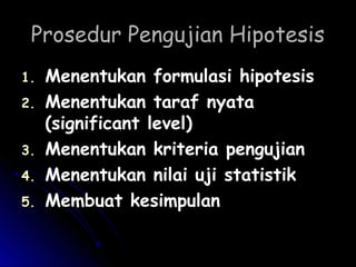 PPrroosseedduurr PPeenngguujjiiaann HHiippootteessiiss 
11.. MMeenneennttuukkaann ffoorrmmuullaassii hhiippootteessiiss 
22.. MMeenneennttuukkaann ttaarraaff nnyyaattaa 
((ssiiggnniiffiiccaanntt lleevveell)) 
33.. MMeenneennttuukkaann kkrriitteerriiaa ppeenngguujjiiaann 
44.. MMeenneennttuukkaann nniillaaii uujjii ssttaattiissttiikk 
55.. MMeemmbbuuaatt kkeessiimmppuullaann 
 