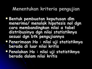 Menentukan kriteria pengujianMenentukan kriteria pengujian
 Bentuk pembuatan keputusan dlmBentuk pembuatan keputusan dlm
menerima/ menolak hipotesis nol dgnmenerima/ menolak hipotesis nol dgn
cara membandingkan nilaicara membandingkan nilai α tabelα tabel
distribusinya dgn nilai statistiknyadistribusinya dgn nilai statistiknya
sesuai dgn btk pengujiannyasesuai dgn btk pengujiannya
 Penerimaan Ho : nilai uji statistiknyaPenerimaan Ho : nilai uji statistiknya
berada di luar nilai kritisberada di luar nilai kritis
 Penolakan Ho : nilai uji statistiknyaPenolakan Ho : nilai uji statistiknya
berada dalam nilai kritisberada dalam nilai kritis
 