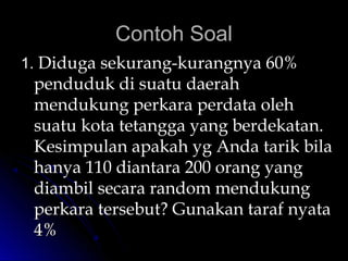 Contoh SoalContoh Soal
1.1. Diduga sekurang-kurangnya 60%Diduga sekurang-kurangnya 60%
penduduk di suatu daerahpenduduk di suatu daerah
mendukung perkara perdata olehmendukung perkara perdata oleh
suatu kota tetangga yang berdekatan.suatu kota tetangga yang berdekatan.
Kesimpulan apakah yg Anda tarik bilaKesimpulan apakah yg Anda tarik bila
hanya 110 diantara 200 orang yanghanya 110 diantara 200 orang yang
diambil secara random mendukungdiambil secara random mendukung
perkara tersebut? Gunakan taraf nyataperkara tersebut? Gunakan taraf nyata
4%4%
 