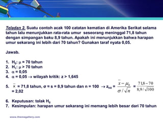 Teladan 2. Suatu contoh acak 100 catatan kematian di Amerika Serikat selama
tahun lalu menunjukkan rata-rata umur seseorang meninggal 71,8 tahun
dengan simpangan baku 8,9 tahun. Apakah ini menunjukkan bahwa harapan
umur sekarang ini lebih dari 70 tahun? Gunakan taraf nyata 0,05.

Jawab.

1.    H0:  = 70 tahun
2.    H1:  > 70 tahun
3.     = 0,05
4.     = 0,05  wilayah kritik: z > 1,645
                                                                x  0      71,8  70
5.     x = 71,8 tahun, σ ≈ s = 8,9 tahun dan n = 100  zhit =            =
      = 2,02                                                    / n       8,9 / 100

6. Keputusan: tolak H0
7. Kesimpulan: harapan umur sekarang ini memang lebih besar dari 70 tahun

     www.themegallery.com
 