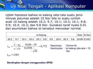 Uji Nilai Tengah - Aplikasi Komputer

Ujilah hipotesis bahwa isi kaleng rata-rata suatu jenis
minyak pelumas adalah 10 liter bila isi suatu contoh
acak 10 kaleng adalah 10.2; 9.7; 10.1; 10.3; 10.1; 9.8;
9.9; 10.4; 10.3; dan 9.8 liter. Gunakan taraf nyata 0.01
dan asumsikan bahwa isi tersebut menyebar normal.

                                Isi Kaleng                             Rata St Dev
 10.2       9.7   10.1   10.3   10.1 9.8     9.9   10.4   10.3   9.8   10.06 0.245

           x  0   10,06  10
 t hit                        0,772       Keputusan : Terima Ho
           s/ n     0,2458                   Kesimpulan : Isi kaleng rata-rata = 10
                            10                            liter
 t0.01 = 2.821


 Bandingkan dengan menggunakan SPSS
 