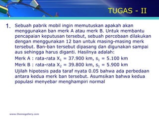 TUGAS - II

1.   Sebuah pabrik mobil ingin memutuskan apakah akan
     menggunakan ban merk A atau merk B. Untuk membantu
     pencapaian keputusan tersebut, sebuah percobaan dilakukan
     dengan menggunakan 12 ban untuk masing-masing merk
     tersebut. Ban-ban tersebut dipasang dan digunakan sampai
     aus sehingga harus diganti. Hasilnya adalah:
     Merk A : rata-rata X1 = 37.900 km, s1 = 5.100 km
     Merk B : rata-rata X2 = 39.800 km, s1 = 5.900 km
     Ujilah hipotesis pada taraf nyata 0.05 bahwa ada perbedaan
     antara kedua merk ban tersebut. Asumsikan bahwa kedua
     populasi menyebar menghampiri normal




 www.themegallery.com
 