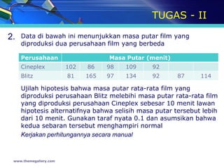 TUGAS - II

2.   Data di bawah ini menunjukkan masa putar film yang
     diproduksi dua perusahaan film yang berbeda

     Perusahaan                     Masa Putar (menit)
     Cineplex           102   86    98   109    92
     Blitz              81    165   97   134    92       87   114

     Ujilah hipotesis bahwa masa putar rata-rata film yang
     diproduksi perusahaan Blitz melebihi masa putar rata-rata film
     yang diproduksi perusahaan Cineplex sebesar 10 menit lawan
     hipotesis alternatifnya bahwa selisih masa putar tersebut lebih
     dari 10 menit. Gunakan taraf nyata 0.1 dan asumsikan bahwa
     kedua sebaran tersebut menghampiri normal
     Kerjakan perhitungannya secara manual



 www.themegallery.com
 