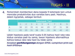TUGAS - II

4.   Pemerintah memberikan dana kepada 9 kelompok tani untuk
     mencoba produktivitas dua varietas baru padi. Hasilnya,
     dalam kg/petak, sebagai berikut:
                                       Kelompok Tani
                        1    2    3    4    5    6     7    8    9
       A                38   23   35   41   44   29    37   31   38
       B                45   25   31   38   50   33    36   40   43

     Ujilah hipotesis pada taraf nyata 0.05 bahwa hasil rata-rata
     kedua varietas padi itu sama, lawan hipotesis alternatifnya
     bahwa kedua rata-rata hasil itu tidak sama
     Kerjakan perhitungannya dengan SPSS. Lampirkan print out
     hasil SPSSnya


 www.themegallery.com
 