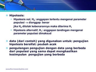  Hipotesis:
    Hipotesis nol, H0: anggapan tertentu mengenai parameter
     populasi  dianggap: benar
     jika H0 ditolak kebenarannya maka diterima H1
    Hipotesis alternatif, H1: anggapan tandingan mengenai
     parameter populasi dimaksud

 data (dari contoh) yang digunakan untuk: pengujian
  hipotesis bersifat: peubah acak
 pengulangan pengujian dengan data yang berbeda
  dari populasi yang sama dapat menghasilkan
  kesimpulan pengujian yang berbeda




yousufkurniawan@yahoo.com
 