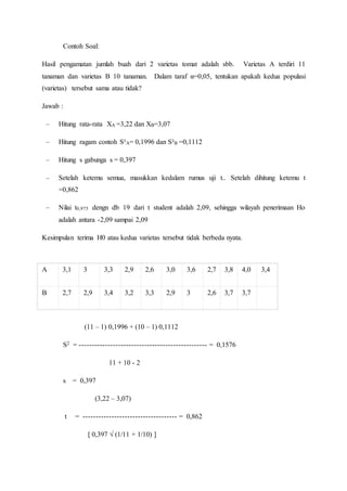 Contoh Soal:
Hasil pengamatan jumlah buah dari 2 varietas tomat adalah sbb. Varietas A terdiri 11
tanaman dan varietas B 10 tanaman. Dalam taraf α=0,05, tentukan apakah kedua populasi
(varietas) tersebut sama atau tidak?
Jawab :
– Hitung rata-rata XA =3,22 dan XB=3,07
– Hitung ragam contoh S²A= 0,1996 dan S²B =0,1112
– Hitung s gabunga s = 0,397
– Setelah ketemu semua, masukkan kedalam rumus uji t.. Setelah dihitung ketemu t
=0,862
– Nilai t0,975 dengn db 19 dari t student adalah 2,09, sehingga wilayah penerimaan Ho
adalah antara -2,09 sampai 2,09
Kesimpulan terima H0 atau kedua varietas tersebut tidak berbeda nyata.
(11 – 1) 0,1996 + (10 – 1) 0,1112
S2 = ------------------------------------------------- = 0,1576
11 + 10 - 2
s = 0,397
(3,22 – 3,07)
t = ------------------------------------ = 0,862
[ 0,397 √ (1/11 + 1/10) ]
A 3,1 3 3,3 2,9 2,6 3,0 3,6 2,7 3,8 4,0 3,4
B 2,7 2,9 3,4 3,2 3,3 2,9 3 2,6 3,7 3,7
 