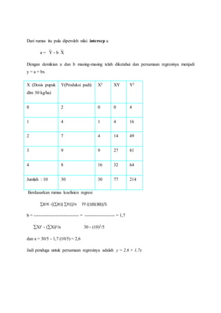 Dari rumus itu pula diperoleh nilai intersep a
a = Y - bX
Dengan demikian a dan b masing-masing telah diketahui dan persamaan regresinya menjadi
y = a + bx
X (Dosis pupuk
dlm 50 kg/ha)
Y(Produksi padi) X2 XY Y2
0 2 0 0 4
1 4 1 4 16
2 7 4 14 49
3 9 9 27 81
4 8 16 32 64
Jumlah : 10 30 30 77 214
Berdasarkan rumus koefisien regresi
XiYi -[(Xi)( Yi)]/n 77-{(10)(30)}/5
b = --------------------------- = ------------------ = 1,7
Xi² - (Xi)²/n 30 - (10)2/5
dan a = 30/5 - 1,7 (10/5) = 2,6
Jadi penduga untuk persamaan regresinya adalah y = 2,6 + 1,7x
 