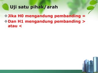 Uji satu pihak/arah
Jika H0 mengandung pembanding =
Dan H1 mengandung pembanding >
atau <
 