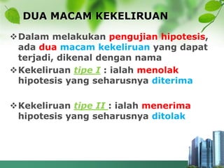 DUA MACAM KEKELIRUAN
Dalam melakukan pengujian hipotesis,
ada dua macam kekeliruan yang dapat
terjadi, dikenal dengan nama
Kekeliruan tipe I : ialah menolak
hipotesis yang seharusnya diterima
Kekeliruan tipe II : ialah menerima
hipotesis yang seharusnya ditolak
 