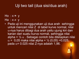 Uji two tail (dua sisi/dua arah)
Ho : x = y
Ha : x y
• Pada uji ini menggunakan uji dua arah sehingga
untuk mencari nilai Z di tabel kurve normal, nilai
-nya harus dibagi dua arah yaitu ujung kiri dan
kanan dari suatu kurva normal, sehingga nilai
alpha = ½ . Sebagai contoh bila ditetapkan nilai
= 0,05 maka nilai alpha = ½ (0,05) =0,025,
pada = 0.025 nilai Z-nya adalah 1,96.
 