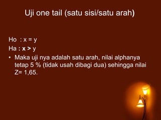 Uji one tail (satu sisi/satu arah)
Ho : x = y
Ha : x > y
• Maka uji nya adalah satu arah, nilai alphanya
tetap 5 % (tidak usah dibagi dua) sehingga nilai
Z= 1,65.
 