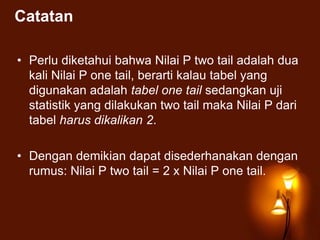 Catatan
• Perlu diketahui bahwa Nilai P two tail adalah dua
kali Nilai P one tail, berarti kalau tabel yang
digunakan adalah tabel one tail sedangkan uji
statistik yang dilakukan two tail maka Nilai P dari
tabel harus dikalikan 2.
• Dengan demikian dapat disederhanakan dengan
rumus: Nilai P two tail = 2 x Nilai P one tail.
 