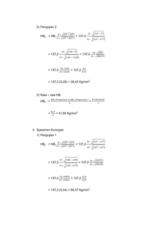 2) Pengujian 2
–

HB2 = HB1

–

–

–

–

= 137,2

–

= 137,2
–

= 137,2

–

= 137,2

–

–
–

–

= 137,2

= 137,2 (0,28) = 38,42 Kg/mm2

3) Rata – rata HB
HB2 =

=

=

= 41,85 Kg/mm2

b. Spesimen Kuningan
1) Pengujian 1
–

–

= 137,2

–

–

= 137,2

= 137,2
–

= 137,2

–

–

HB2 = HB1

–

–
–

= 137,2

= 137,2 (0,44) = 60,37 Kg/mm2

–
–

 