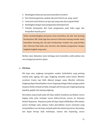 11
3. Bandingkan kedua persyaratan komoditas tersebut!
4. Dari hasil pengamatan, apakah ada jenis kriteria uji yang sama?
5. Catat jenis-jenis kriteria uji apa saja yang sama dan yang berbeda!
6. Bandingkan dengan hasil pengamatan kelompok lain!
7. Tulislah kesimpulan dari hasil pengamatan pada buku tugas dan
kumpulkan kepada guru!
Selain membandingkan persyatan mutu komoditas ubi jalar dan kentang
berdasarkan SNI, Anda juga bisa mencari informasi tentang standar mutu
komoditas kentang dan ubi jalar berdasarkan standar lain yang berlaku
dari referensi baik buku atau internet, dan lakukan pengamatan dengan
langkah-langkah yang sama.
Berikut akan dijelaskan mutu berbagai jenis komoditas umbi-umbian dan
cara menguji parameter ujinya.
c. Ubi Kayu
Ubi kayu atau singkong merupakan sumber karbohidrat yang penting
setelah padi, jagung, dan sagu. Singkong memiliki nama botani Manihot
esculenta Crantz tapi lebih dikenal dengan nama Manihot utilissima.
Singkong dapat dimanfaatkan secara langsung sebagai bahan pangan pokok
ataupun diolah menjadi produk setengah jadi berupa pati singkong (tepung
tapioka), gaplek, dan tepung singkong.
Kerusakan yang terjadi pada ubi kayu adalah terjadinya perubahan warna
daging umbi yaitu terdapat warna kebiru-biruan, proses ini biasanya
disebut kepoyoan. Kepoyoan pada ubi kayu dapat diakibatkan oleh adanya
proses fisiologis yaitu adanya reaksi pencoklatan secara enzimatis yang
menyebabkan rasa ubi kayu menjadi pahit dan teksturnya keras. Kerusakan
lain dapat berupa kulit terkelupas, memar dan terpotong, secara
 