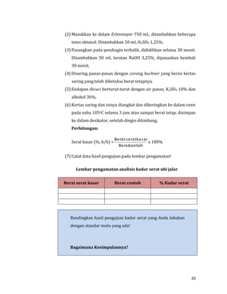 20
(2) Masukkan ke dalam Erlenmeyer 750 mL, ditambahkan beberapa
tetes oktanol. Ditambahkan 50 mL H2SO4 1,25%.
(3) Pasangkan pada pendingin terbalik, dididihkan selama 30 menit.
Ditambahkan 50 mL larutan NaOH 3,25%, dipanaskan kembali
30 menit.
(4) Disaring panas-panas dengan corong buchner yang berisi kertas
saring yang telah diketahui berat tetapnya.
(5) Endapan dicuci berturut-turut dengan air panas, K2SO4 10% dan
alkohol 36%.
(6) Kertas saring dan isinya diangkat dan dikeringkan ke dalam oven
pada suhu 105oC selama 3 jam atau sampai berat tetap, disimpan
ke dalam desikator, setelah dingin ditimbang.
Perhitungan:
Serat kasar (%, b/b) =
contohBerat
kasarseratBerat
x 100%
(7) Catat data hasil pengujian pada lembar pengamatan!
Lembar pengamatan analisis kadar serat ubi jalar
Berat serat kasar Berat contoh % Kadar serat
Bandingkan hasil pengujian kadar serat yang Anda lakukan
dengan standar mutu yang ada!
Bagaimana Kesimpulannya?
 