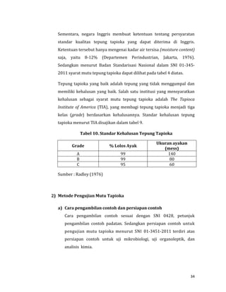 34
Sementara, negara Inggris membuat ketentuan tentang persyaratan
standar kualitas tepung tapioka yang dapat diterima di Inggris.
Ketentuan tersebut hanya mengenai kadar air tersisa (moisture content)
saja, yaitu 8-12% (Departemen Perindustrian, Jakarta, 1976).
Sedangkan menurut Badan Standarisasi Nasional dalam SNI 01-345-
2011 syarat mutu tepung tapioka dapat dilihat pada tabel 4 diatas.
Tepung tapioka yang baik adalah tepung yang tidak menggumpal dan
memiliki kehalusan yang baik. Salah satu institusi yang mensyaratkan
kehalusan sebagai syarat mutu tepung tapioka adalah The Tapioca
Institute of America (TIA), yang membagi tepung tapioka menjadi tiga
kelas (grade) berdasarkan kehalusannya. Standar kehalusan tepung
tapioka menurut TIA disajikan dalam tabel 9.
Tabel 10. Standar Kehalusan Tepung Tapioka
Grade % Lolos Ayak
Ukuran ayakan
(mess)
A 99 140
B 99 80
C 95 60
Sumber : Radley (1976)
2) Metode Pengujian Mutu Tapioka
a) Cara pengambilan contoh dan persiapan contoh
Cara pengambilan contoh sesuai dengan SNI 0428, petunjuk
pengambilan contoh padatan. Sedangkan persiapan contoh untuk
pengujian mutu tapioka menurut SNI 01-3451-2011 terdiri atas
persiapan contoh untuk uji mikrobiologi, uji organoleptik, dan
analisis kimia.
 