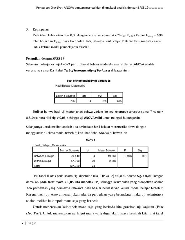 Pengujian One Way Anova Dengan Manual Dan Spss 19