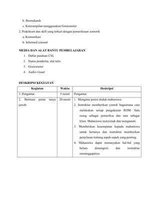 b. Biomekanik
c. Keterampilan menggunakan Goniometer
2. Praktikum dan skill yang terkait dengan pemeriksaan sensorik
a. Komunikasi
b. Informed consent
MEDIA DAN ALAT BANTU PEMBELAJARAN
1. Daftar panduan CSL
2. Status penderita, alat tulis
3. Goniometer
4. Audio-visual
DESKRIPSI KEGIATAN
Kegiatan Waktu Deskripsi
1. Pengantar 5 menit Pengantar
2. Bermain peran tanya
jawab
20 menit 1. Mengatur posisi duduk mahasiswa
2. Instruktur memberikan contoh bagaimana cara
melakukan setiap pengukuran ROM. Satu
orang sebagai pemeriksa dan satu sebagai
klien. Mahasiswa menyimak dan mengamati.
3. Memberikan kesempatan kepada mahasiswa
untuk bertanya dan instruktur memberikan
penjelasan tentang aspek-aspek yang penting.
4. Mahasiswa dapat menanyakan hal-hal yang
belum dimengerti dan instruktur
menanggapinya.
 