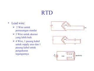 RTD Lead wire: 2 Wire untuk pemasangan standar 3 Wire untuk akurasi yang lebih baik 4 Wire, 1 pasang kabel untuk supply arus dan 1 pasang kabel untuk pengukuran tegangannya 
