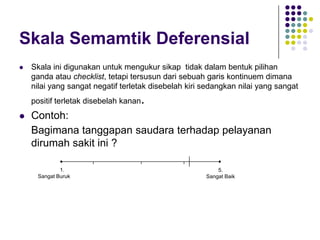 Skala Semamtik Deferensial
 Skala ini digunakan untuk mengukur sikap tidak dalam bentuk pilihan
ganda atau checklist, tetapi tersusun dari sebuah garis kontinuem dimana
nilai yang sangat negatif terletak disebelah kiri sedangkan nilai yang sangat
positif terletak disebelah kanan.
 Contoh:
Bagimana tanggapan saudara terhadap pelayanan
dirumah sakit ini ?
1.
Sangat Buruk
5.
Sangat Baik
 