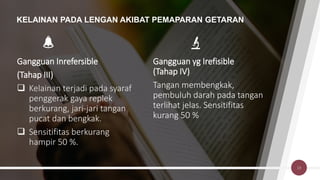 KELAINAN PADA LENGAN AKIBAT PEMAPARAN GETARAN
Gangguan Inrefersible
(Tahap III)
 Kelainan terjadi pada syaraf
penggerak gaya replek
berkurang, jari-jari tangan
pucat dan bengkak.
 Sensitifitas berkurang
hampir 50 %.
Gangguan yg Irefisible
(Tahap IV)
Tangan membengkak,
pembuluh darah pada tangan
terlihat jelas. Sensitifitas
kurang 50 %
13
 