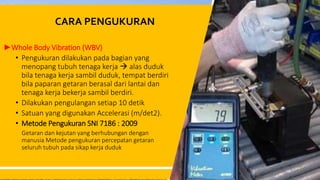 CARA PENGUKURAN
►Whole Body Vibration (WBV)
• Pengukuran dilakukan pada bagian yang
menopang tubuh tenaga kerja  alas duduk
bila tenaga kerja sambil duduk, tempat berdiri
bila paparan getaran berasal dari lantai dan
tenaga kerja bekerja sambil berdiri.
• Dilakukan pengulangan setiap 10 detik
• Satuan yang digunakan Accelerasi (m/det2).
• Metode Pengukuran SNI 7186 : 2009
Getaran dan kejutan yang berhubungan dengan
manusia Metode pengukuran percepatan getaran
seluruh tubuh pada sikap kerja duduk
23
 