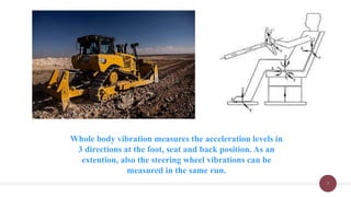 7
Whole body vibration measures the acceleration levels in
3 directions at the foot, seat and back position. As an
extention, also the steering wheel vibrations can be
measured in the same run.
 