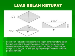 LUAS BELAH KETUPAT
 Luas belah ketupat dapat diperoleh dengan cara memotong belah
ketupat sepanjang diagonal panjang. Kemudian memotong lagi
sepanjang separo dari diagonal pendek, sehingga belah ketupat
menjadi 3 potongan. Susun potongan-potongan tersebut menjadi
persegi panjang
 
