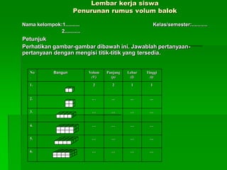 Nama kelompok:1.......... Kelas/semester:...........
2...........
Petunjuk
Perhatikan gambar-gambar dibawah ini. Jawablah pertanyaan-
pertanyaan dengan mengisi titik-titik yang tersedia.
Lembar kerja siswa
Penurunan rumus volum balok
No
.
Bangun Volum
(V)
Panjang
(p)
Lebar
(l)
Tinggi
(t)
1. 2 2 1 1
2. .. . ... ... ...
3. … … … …
4. … … … …
5. … … … …
6. … … … …
 