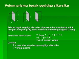 Volum prisma tegak segitiga siku-siku
Prisma tegak segitiga siku-siku diperoleh dari membelah balok
menjadi 2 bagian yang sama melalui satu bidang diagonal ruang.
Vprisma tegak segitiga siku-siku = Vbalok =  p  l  t
= (  p  l)  t
= A  t satuan volum
Catatan
A = luas alas yang berupa segitiga siku-siku
t = tinggi prisma
t
p
l
t
A
t
A
2
1
2
1
 