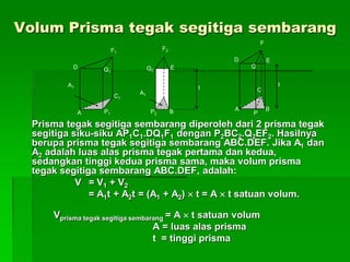 Volum Prisma tegak segitiga sembarang
Prisma tegak segitiga sembarang diperoleh dari 2 prisma tegak
segitiga siku-siku AP1C1.DQ1F1 dengan P2BC2.Q2EF2. Hasilnya
berupa prisma tegak segitiga sembarang ABC.DEF. Jika A1 dan
A2 adalah luas alas prisma tegak pertama dan kedua,
sedangkan tinggi kedua prisma sama, maka volum prisma
tegak segitiga sembarang ABC.DEF, adalah:
V = V1 + V2
= A1t + A2t = (A1 + A2)  t = A  t satuan volum.
Vprisma tegak segitiga sembarang = A  t satuan volum
A = luas alas prisma
t = tinggi prisma
D Q1
C1
P1A
A1
F1
P2
Q2
B
C2
E
t
F2
A1
E
F
D
A
P
B
Q
C
t
 