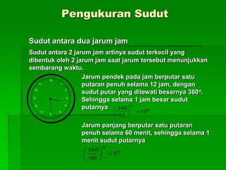 Pengukuran Sudut
Sudut antara dua jarum jam
Sudut antara 2 jarum jam artinya sudut terkecil yang
dibentuk oleh 2 jarum jam saat jarum tersebut menunjukkan
sembarang waktu.
Jarum pendek pada jam berputar satu
putaran penuh selama 12 jam, dengan
sudut putar yang dilewati besarnya 360o.
Sehingga selama 1 jam besar sudut
putarnya
Jarum panjang berputar satu putaran
penuh selama 60 menit, sehingga selama 1
menit sudut putarnya
12
6
39
10
11 1
2
8
7 5
4
.30
12
360 o
o






.6
60
360 o
o






 