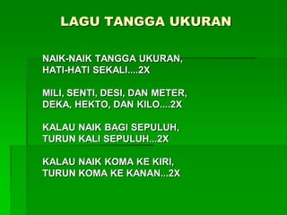 LAGU TANGGA UKURAN
NAIK-NAIK TANGGA UKURAN,
HATI-HATI SEKALI....2X
MILI, SENTI, DESI, DAN METER,
DEKA, HEKTO, DAN KILO....2X
KALAU NAIK BAGI SEPULUH,
TURUN KALI SEPULUH...2X
KALAU NAIK KOMA KE KIRI,
TURUN KOMA KE KANAN...2X
 