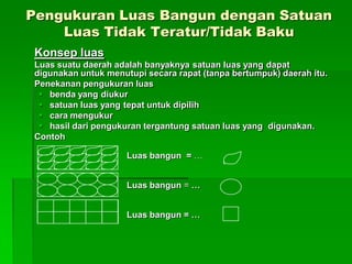 Pengukuran Luas Bangun dengan Satuan
Luas Tidak Teratur/Tidak Baku
Konsep luas
Luas suatu daerah adalah banyaknya satuan luas yang dapat
digunakan untuk menutupi secara rapat (tanpa bertumpuk) daerah itu.
Penekanan pengukuran luas
 benda yang diukur
 satuan luas yang tepat untuk dipilih
 cara mengukur
 hasil dari pengukuran tergantung satuan luas yang digunakan.
Contoh
Luas bangun = …
Luas bangun = …
Luas bangun = …
 