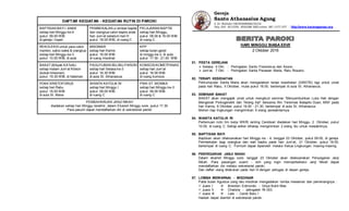 DAFTAR KEGIATAN - KEGIATAN RUTIN DI PAROKI
BAPTISAN BAYI / ANAK
setiap hari Minggu ke-4
pukul 09.00 WIB
di gereja / kapel
PEMBEKALAN u/ emban baptis
dan orangtua calon baptis anak
hari Jum’at sebelum hari H
pukul 18.00 WIB, di ruang C
PELAJARAN BAPTIS
setiap hari Minggu,
pukul 09.00 & 16.00 WIB
di ruang C
REKOLEKSI untuk para calon
manten, saksi-saksi & orangtua
setiap hari Minggu ke-3
pukul 10.00 WIB, di aula
MISDINAR
setiap hari Kamis
pukul 16.00 WIB
di ruang misdinar
KPP
setiap bulan ganjil
di minggu ke-3, di aula
pukul 17.30 - 21.00 WIB
BAKAT (BApak KATolik)
setiap malam Jum’at Kliwon
(bukan kliwonan)
pukul 19.30 WIB, di halaman
PAGUYUBAN IBU-IBU PAROKI
setiap hari Selasa ke-3
pukul 16.30 WIB
di aula St. Athanasius
KOMSOS/KOMETPANAS
setiap hari Jum’at
pukul 18.00 WIB
di ruang komsos
PDKK KRISTOFORUS
setiap hari Rabu
pukul 18.00 WIB
di aula St. Maria
WANITA KATOLIK RI
setiap hari Minggu I
pukul 09.00 WIB
di ruang C
PWK ST. MONIKA
setiap hari Minggu ke-3
pukul 09.00 WIB
di ruang C
PEMBAHARUAN JANJI NIKAH
diadakan setiap hari Minggu terakhir, dalam Ekaristi Minggu sore, pukul 17.30
Para pasutri dapat mendaftarkan diri di sekretariat paroki
Gereja
Santo Athanasius Agung
Jl. Dr. Wahidin 108 SEMARANG50234
Telp. 024 - 8312595, 8505288 SMS online 081.1277.1277 - http://www.karangpanas.org
HARI MINGGU BIASAXXVII
2 Oktober 2016
01. PESTA GEREJANI
 Selasa, 4 Okt. : Peringatan Santo Fransiskus dari Assisi.
 Jum’at, 7 Okt. : Peringatan Santa Perawan Maria, Ratu Rosario.
02. TERAPI KESEHATAN
Perkumpulan Santa Maria akan mengadakan terapi kesehatan (GRATIS) lagi untuk umat
pada hari Rabu, 5 Oktober, mulai pukul 18.00, bertempat di aula St. Athanasius.
03. SEMINAR BAKAT
BAKAT akan mengajak umat untuk mengikuti seminar “Menyembuhkan Luka Hati dengan
Mengenali Psikogenetik dan Terang Injil” bersama Rm Yeremias Balapito Duan, MSF pada
hari Kamis, 6 Oktober, pukul 19.00 - 21.30, bertempat di aula St. Athanasius.
Mohon tiap lingkungan mengirimkan 5 orang perwakilannya.
04. WANITA KATOLIK RI
Pertemuan rutin tim kerja WKRI ranting Candisari diadakan hari Minggu, 2 Oktober, pukul
10.00, di ruang C. Setiap wilker diharap mengirimkan 2 orang ibu untuk mewakilinya.
05. BAPTISAN BAYI
Baptisan akan dilaksanakan hari Minggu ke - 4, tanggal 23 Oktober, pukul 09.00, di gereja.
Pembekalan bagi orangtua dan wali baptis pada hari Jum’at, 21 Oktober, pukul 18.00,
bertempat di ruang C. Formulir dapat diperoleh melalui Ketua Lingkungan masing-masing.
06. PENYEGARAN JANJI NIKAH
Dalam ekaristi Minggu sore, tanggal 23 Oktober akan dilaksanakan Penyegaran Janji
Nikah. Para pasangan suami - istri yang ingin memperbaharui Janji Nikah dapat
mendaftarkan diri melalui sekretariat paroki.
Dan daftar ulang dilakukan pada hari H dengan petugas di depan gereja.
07. LOMBA MEWARNAI - MISDINAR
Pada bulan Agustus yang lalu misdinar mengadakan lomba mewarnai dan pemenangnya :
 Juara I  Brandon Edmundo - Griya Bukit Mas
 Juara II  Chalista - Jatingaleh Rt 003
 Juara III  Lala - Candi Baru I
Hadiah dapat diambil di sekretariat paroki
 