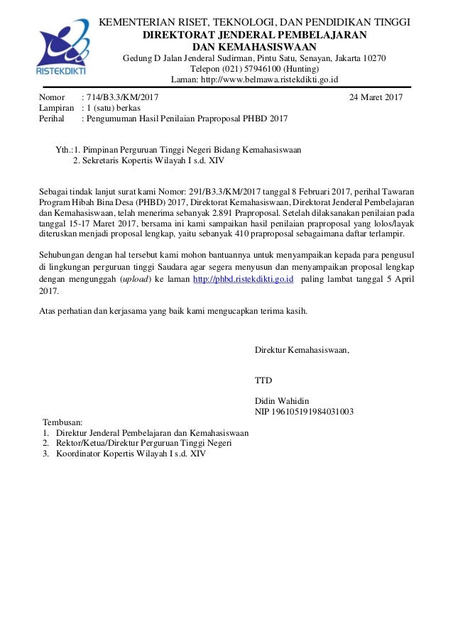 Pengumuman Pra Proposal PHBD Kemenristekdikti 2017