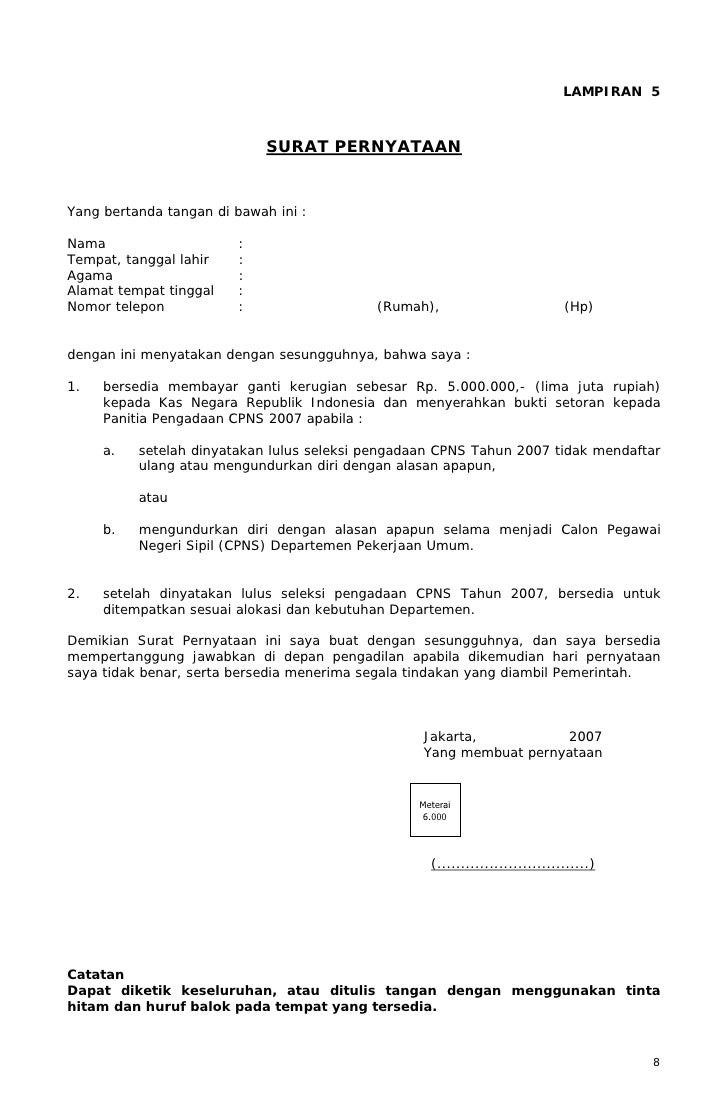 Contoh Surat Pernyataan Bersedia Ditempatkan Dimana Saja Untuk Cpns Bagi Contoh Surat