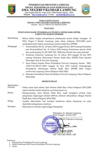 Pengumuman Lengkap PPDB 2019 SMA Negeri 9 Bandar Lampung