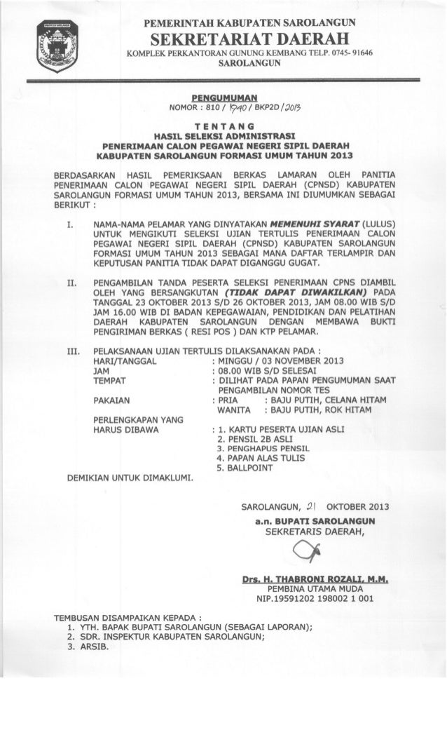 Pengumuman lulus bahan cpns kabupaten Sarolangun tahun 2013