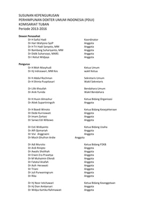 SUSUNAN KEPENGURUSAN
PERHIMPUNAN DOKTER UMUM INDONESIA (PDUI)
KOMISARIAT TUBAN
Periode 2013-2016
Dewan Penasehat
Dr H Saiful Hadi Koordinator
Dr Hari Wahjono SpJP Anggota
Dr H Tri Hadi Sanyoto, MM Anggota
Dr Bambang Suhariyanto, MM Anggota
Dr Didik Suharsoyo, MARS Anggota
Dr I Ketut Widjaya Anggota
Pengurus
Dr H Moh Masyhudi Ketua Umum
Dr Hj Indraswari, MM Kes wakil Ketua
Dr H Abdul Rochman Sekretaris Umum
Dr H Shinta Puspitasari Wakil Sekretaris
Dr Lilik Khoufah Bendahara Umum
Dr Anik Yunida Wakil Bendahara
Dr H Husin Almashur Ketua Bidang Organisasi
Dr Atiek Supartiningsih Anggota
Dr H Boedi Winoto Ketua Bidang Kesejahteraan
Dr Dede Kurniawati Anggota
Dr Imam Zarkasi Anggota
Dr Sarwo Edi Wibowo Anggota
Dr Esti Widiyanto Ketua Bidang Usaha
Dr Alfi Qomariah Anggota
Dr Vivi Anggraeni Anggota
Dr Moch Ghufron Ardie Anggota
Dr Adi Mursito Ketua Bidang P2KB
Dr Ardi Rinipto Anggota
Dr Awalis Sholihah Anggota
Dr Erwin Era Prasetya Anggota
Dr M Muhaimin Efendi Anggota
Dr Fatatul Anafah Anggota
Dr Asih Herawati Anggota
Dr Triani Anggota
Dr Juli Purwaningrum Anggota
Dr Rika Anggota
Dr Hj Noor Istichawari Ketua Bidang Keanggotaan
Dr Hj Dian Ambarsari Anggota
Dr Widya Kartika Rahmawati Anggota
 