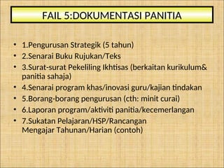 • 1.Pengurusan Strategik (5 tahun)
• 2.Senarai Buku Rujukan/Teks
• 3.Surat-surat Pekeliling Ikhtisas (berkaitan kurikulum&
panitia sahaja)
• 4.Senarai program khas/inovasi guru/kajian tindakan
• 5.Borang-borang pengurusan (cth: minit curai)
• 6.Laporan program/aktiviti panitia/kecemerlangan
• 7.Sukatan Pelajaran/HSP/Rancangan
Mengajar Tahunan/Harian (contoh)
FAIL 5:DOKUMENTASI PANITIA
 