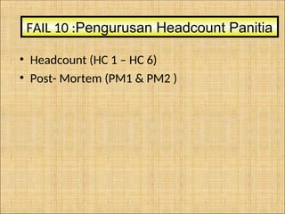 • Headcount (HC 1 – HC 6)
• Post- Mortem (PM1 & PM2 )
FAIL 10 :Pengurusan Headcount Panitia
 