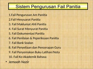 1.Fail Pengurusan Am Panitia
2.Fail Mesyuarat Panitia
3. Fail Maklumat Ahli Panitia
4. Fail Surat Menyurat Panitia
5. Fail Dokumentasi Panitia
6. Fail Penilaian & Peperiksaan Panitia
7. Fail Bank Soalan
8. Fail Penyeliaan dan Pencerapan Guru
9. Fail Penyemakan Buku Latihan/Nota
10. Fail Ko-Akademik Bahasa
• Jemaah Nazir
Sistem Pengurusan Fail Panitia
 