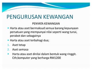 PENGURUSAN KEWANGAN
PENYATA KEWANGAN
y Harta atau aset bermaksud semua barang kepunyaan
persatuan yang mempunyai nilai seperti wang tunai,
perabot dan sebagainya
y Harta atau aset terbahagi dua;
1. Aset tetap
2. Aset semasa
y Harta atau aset dinilai dalam bentuk wang ringgit.
Cth;komputer yang berharga RM1200
 