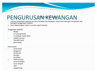PENGURUSAN KEWANGANPENYATA KEWANGAN
y Semasa penyediaan penyata kira-kira, terdapat dua bahagian utama iaitu bahagian harta(aset) dan
bahagian tanggungan (liabiliti)
y Perlu dibentangkan dalam susunan seperti berikut;
Tanggungan (liabiliti)
I. Modal
(+) untung bersih
(-) ambilan modal akhir
II. Liabiliti semasa
Overdraf bank
pemiutang
Harta (aset)
I. Harta tetap
bangunan
kenderaan
perabot
peralatan
II. Harta semasa
tunai di tangan
tunai di bank
stok
penghutang
 